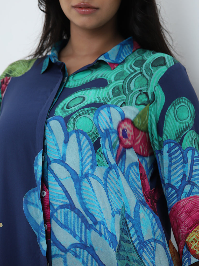 Diza Blue Botanical Design Straight Tunic