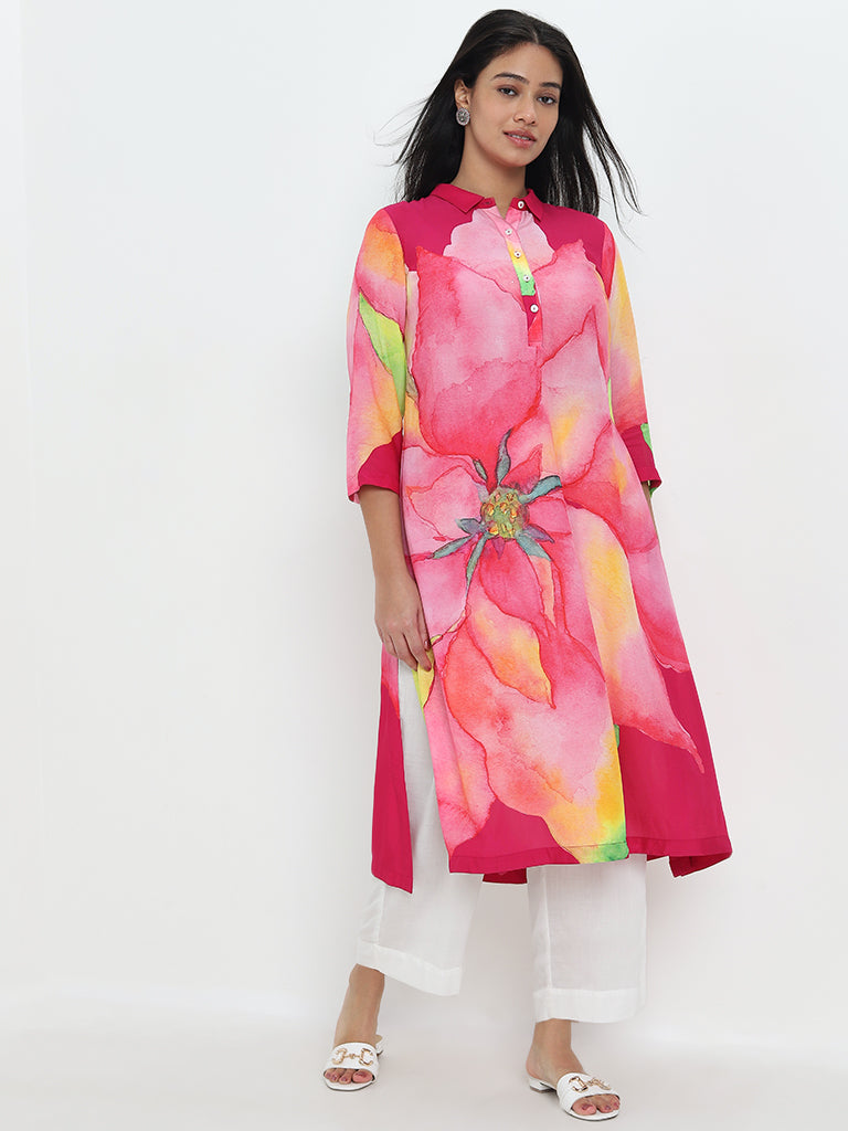 Diza Pink Floral Printed A-Line Kurta