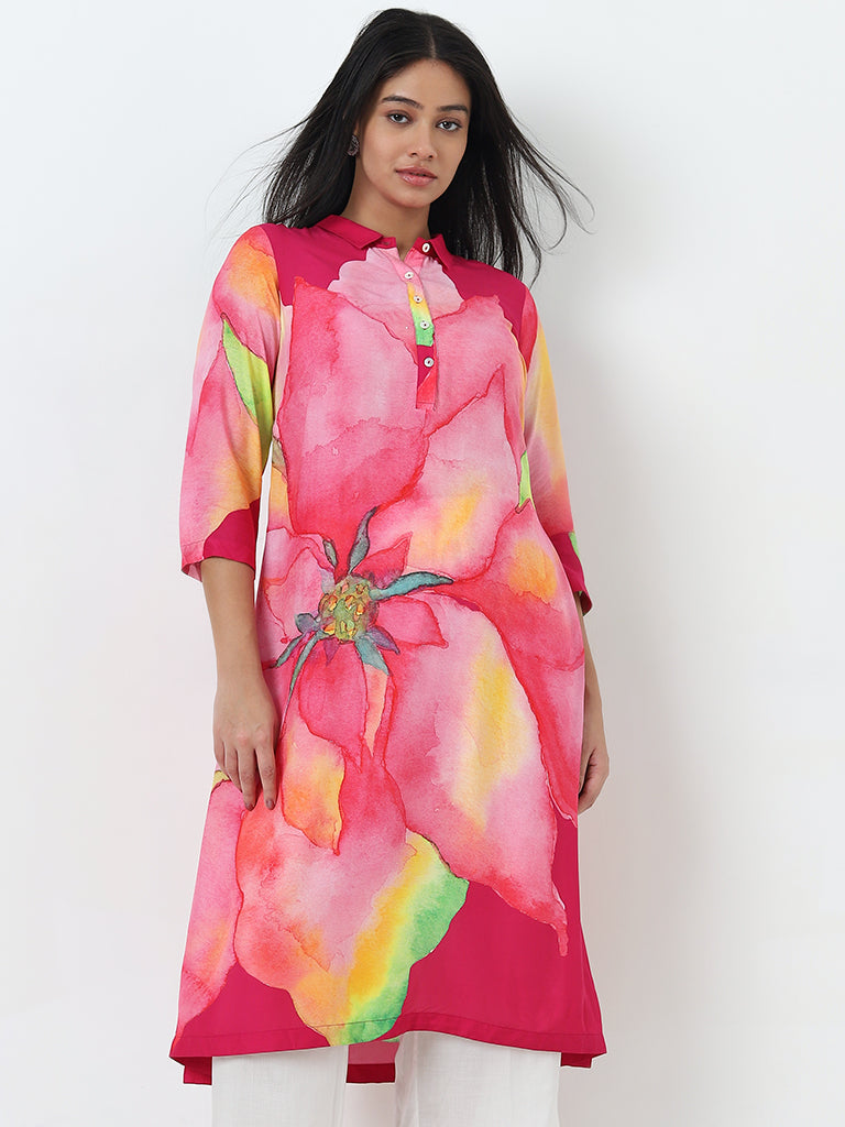 Diza Pink Floral Printed A-Line Kurta