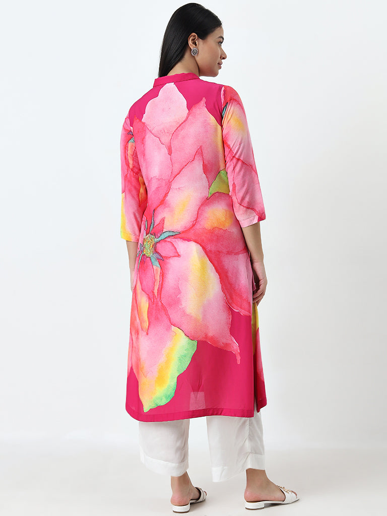 Diza Pink Floral Printed A-Line Kurta