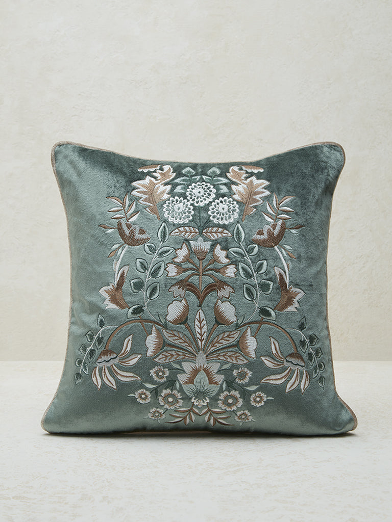 Westside Home Dark Green Floral Embroidered Cushion Cover