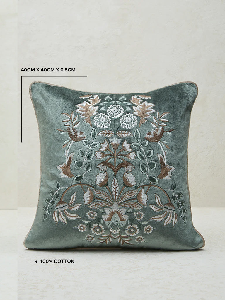 Westside Home Dark Green Floral Embroidered Cushion Cover