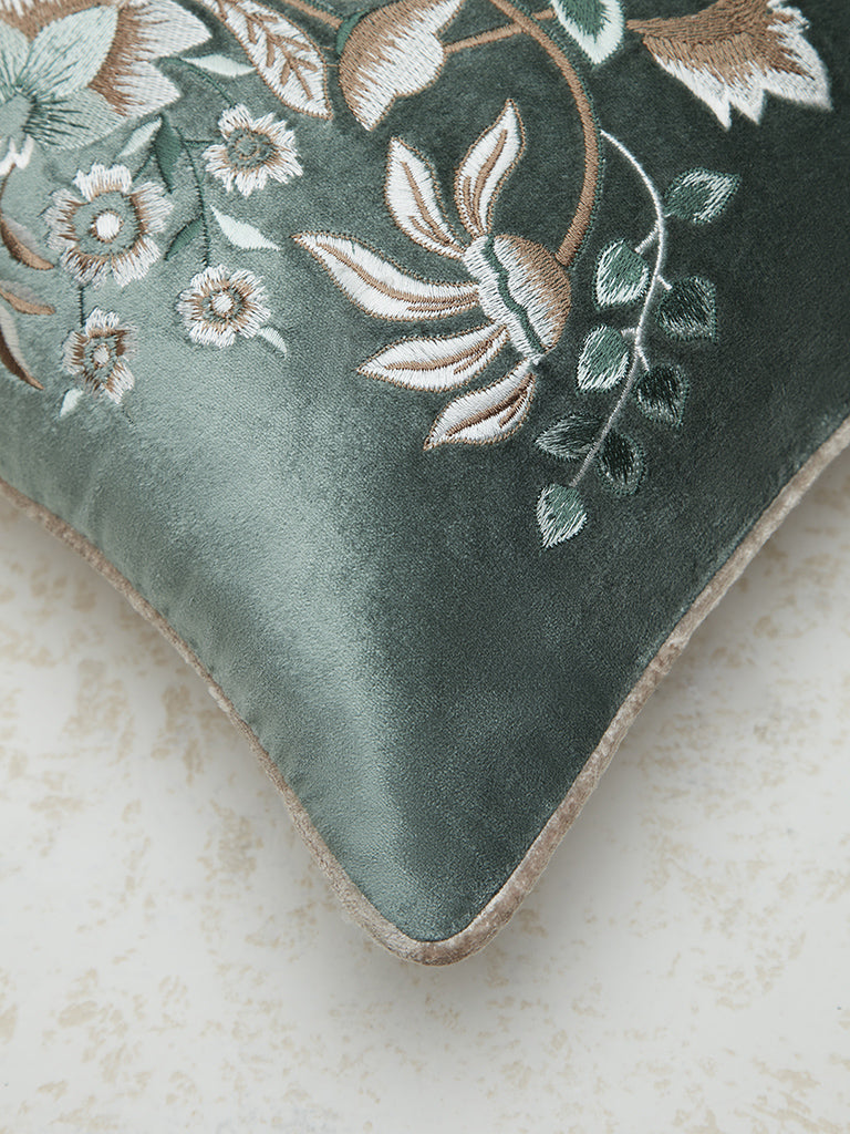 Westside Home Dark Green Floral Embroidered Cushion Cover