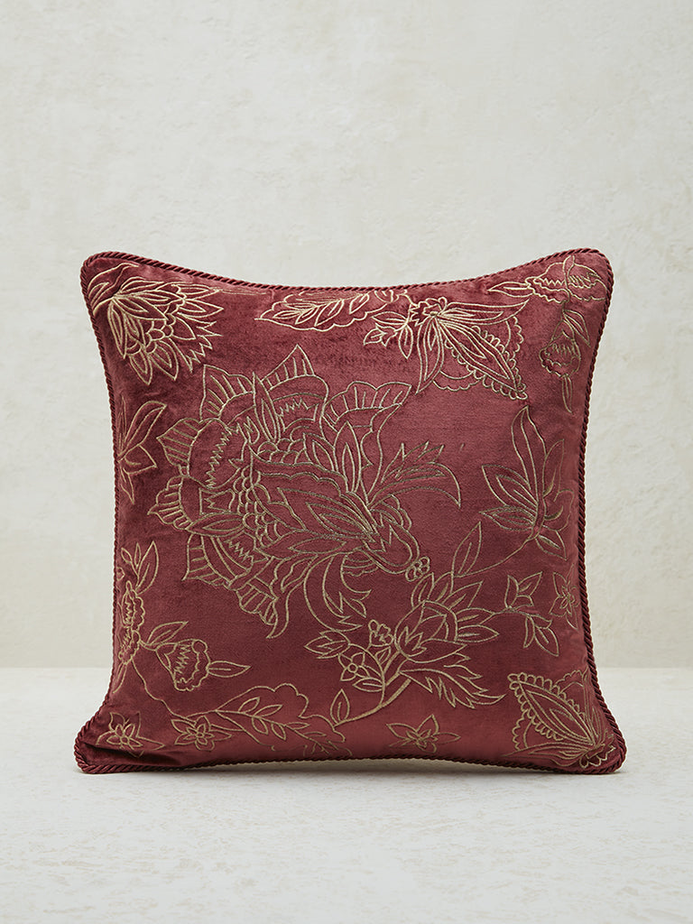 Westside Home Maroon Floral Embroidered Cushion Cover