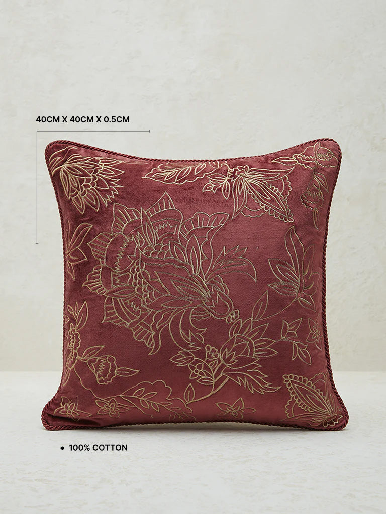 Westside Home Maroon Floral Embroidered Cushion Cover