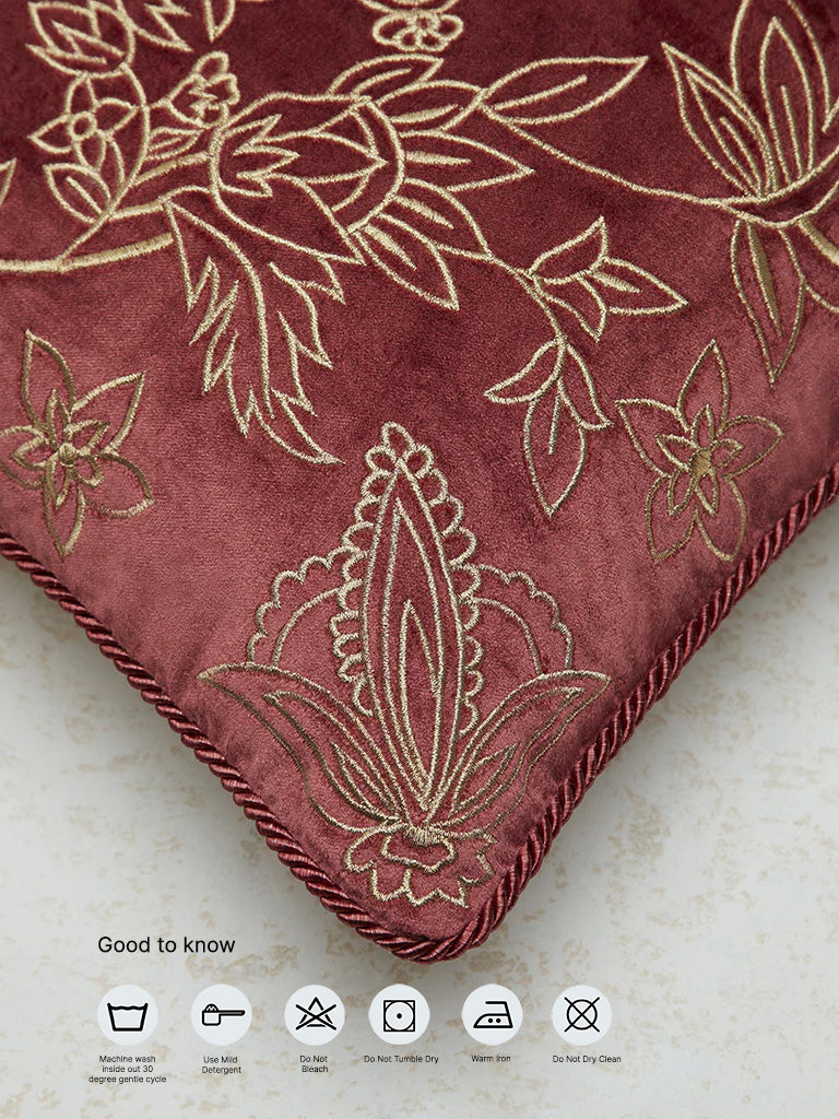 Westside Home Maroon Floral Embroidered Cushion Cover