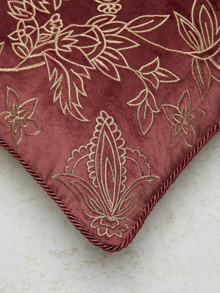 Westside Home Maroon Floral Embroidered Cushion Cover