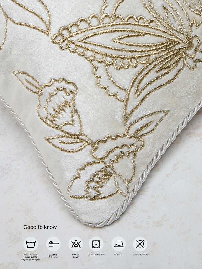 Westside Home Ivory Floral Embroidered Cushion Cover