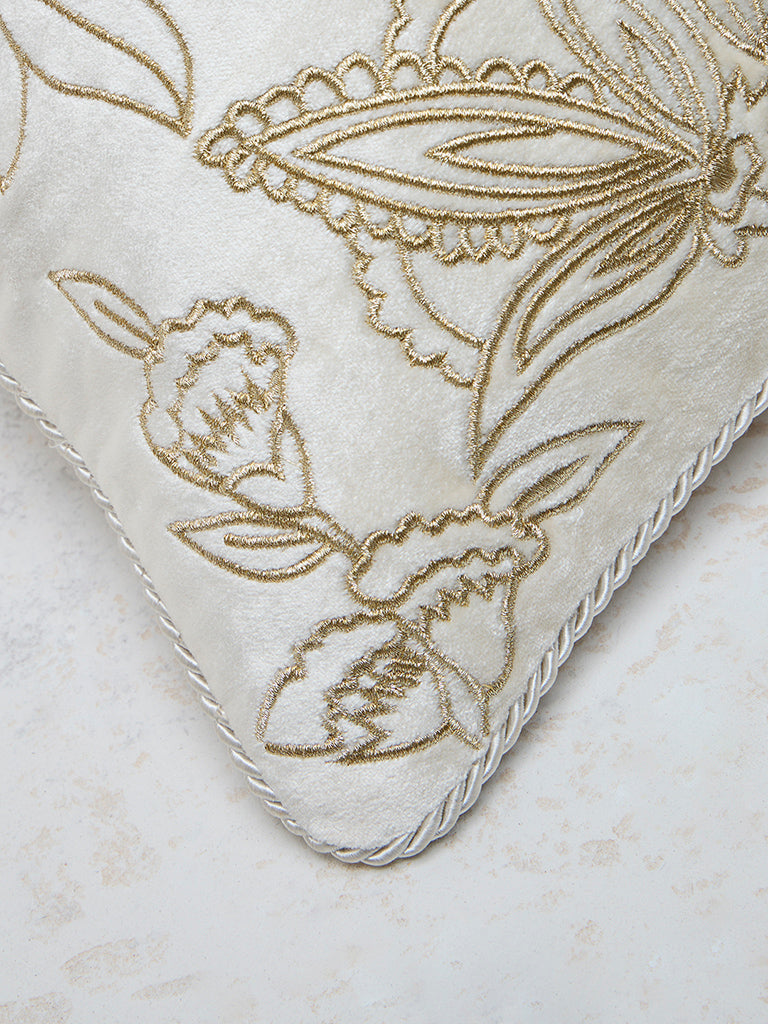 Westside Home Ivory Floral Embroidered Cushion Cover