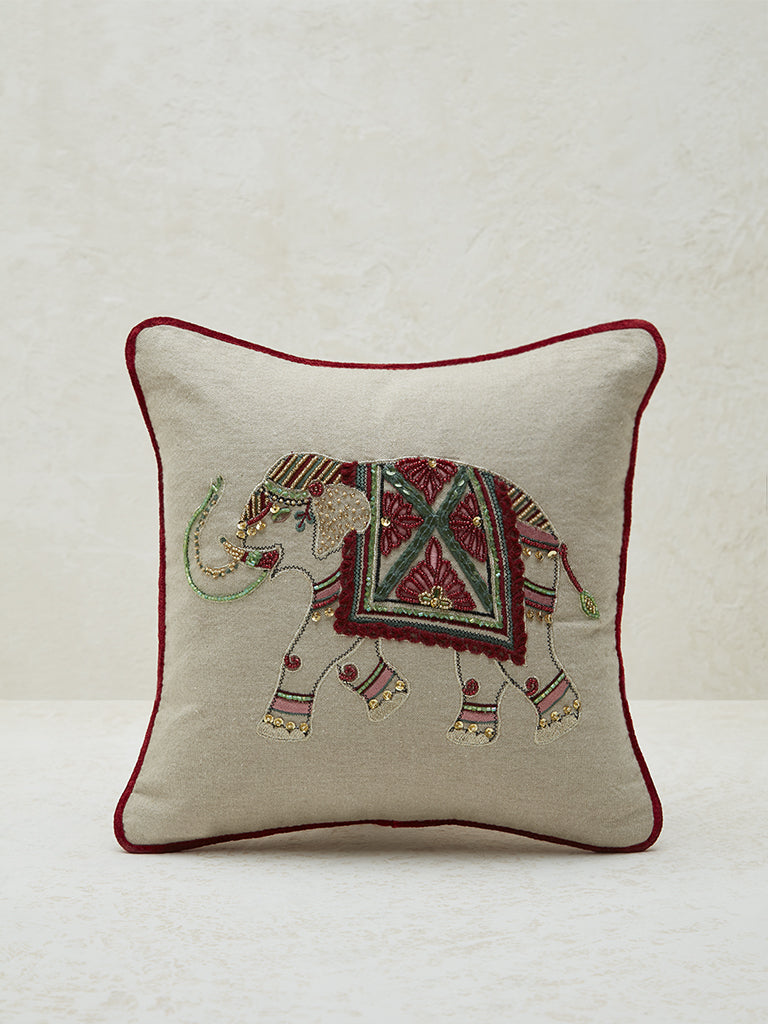 Westside Home Beige Elephant Embroidered Cushion Cover