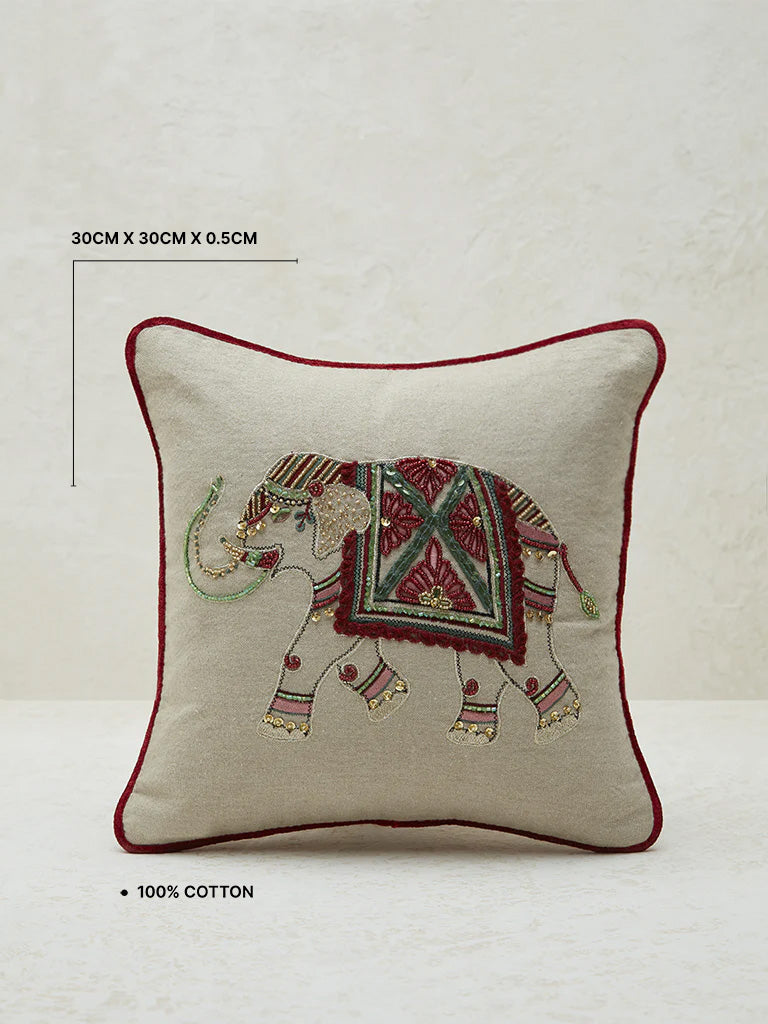 Westside Home Beige Elephant Embroidered Cushion Cover