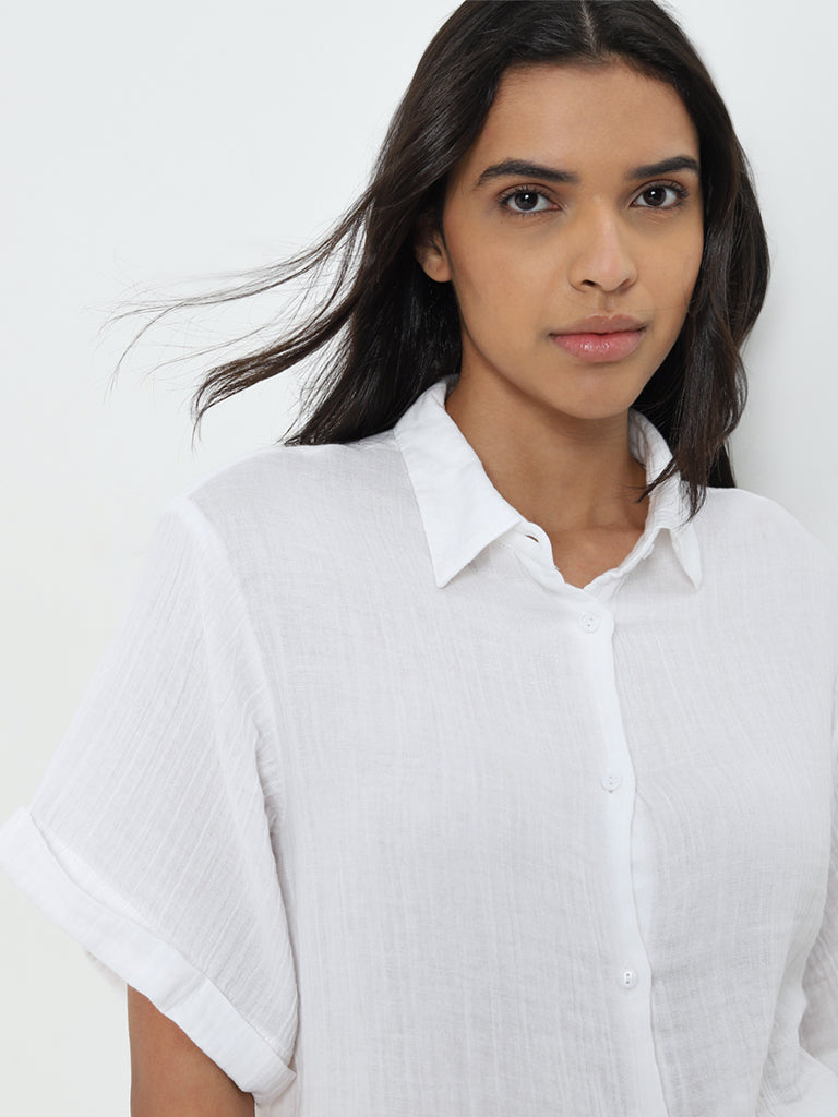 Wunderlove White Crinkled Cotton Beach Shirt