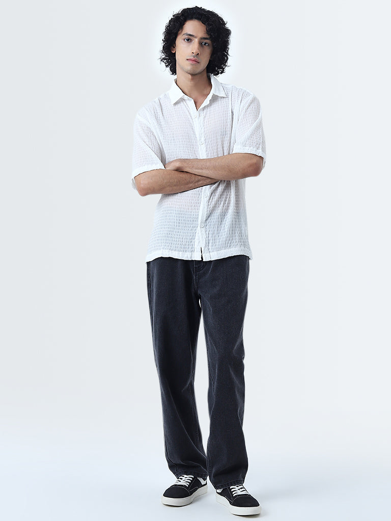 Nuon White Seersucker Textured Relaxed-Fit Shirt