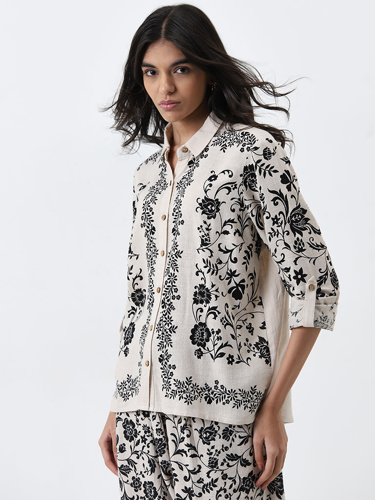 LOV Beige Floral Printed Blended Linen Shirt