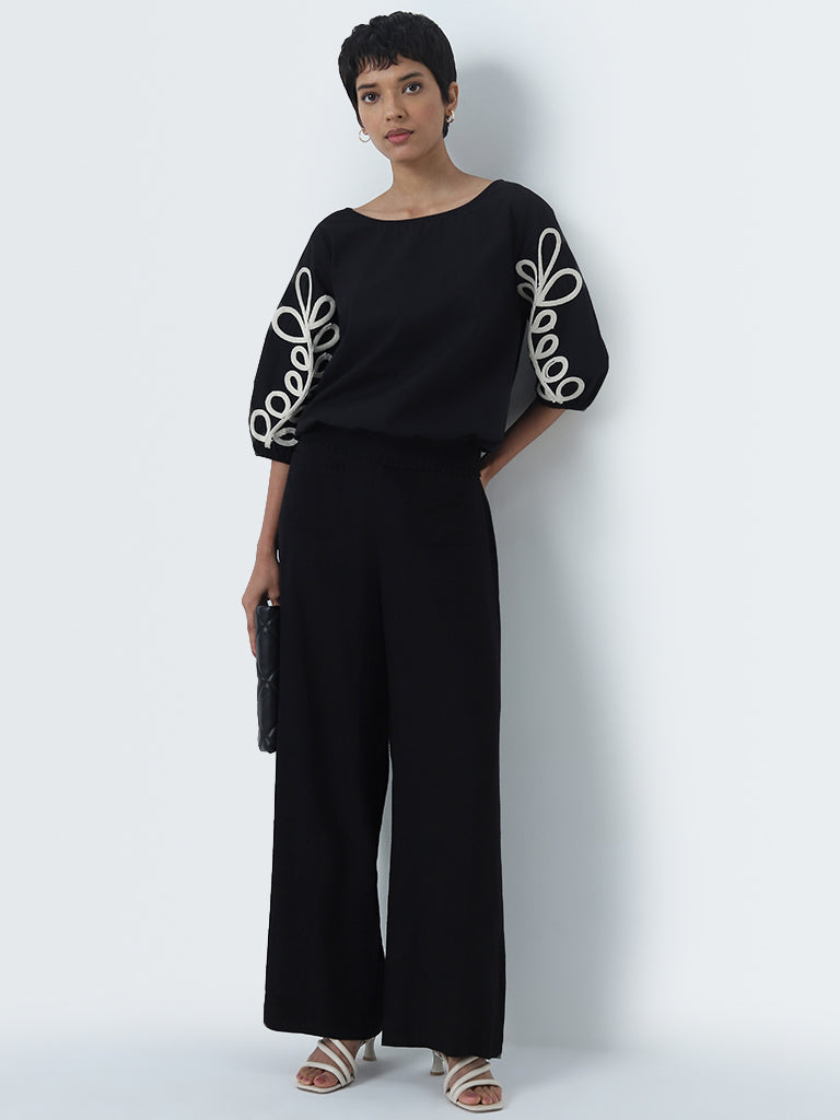 LOV Black Leaf Embroidered Cotton Blouse