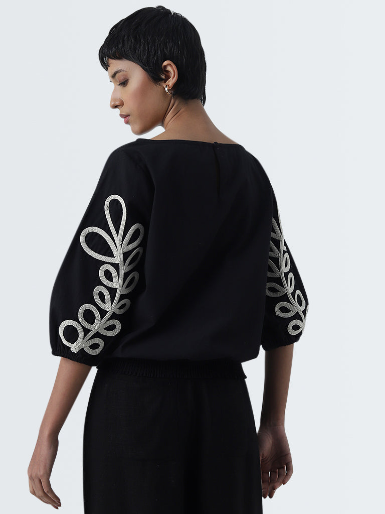 LOV Black Leaf Embroidered Cotton Blouse