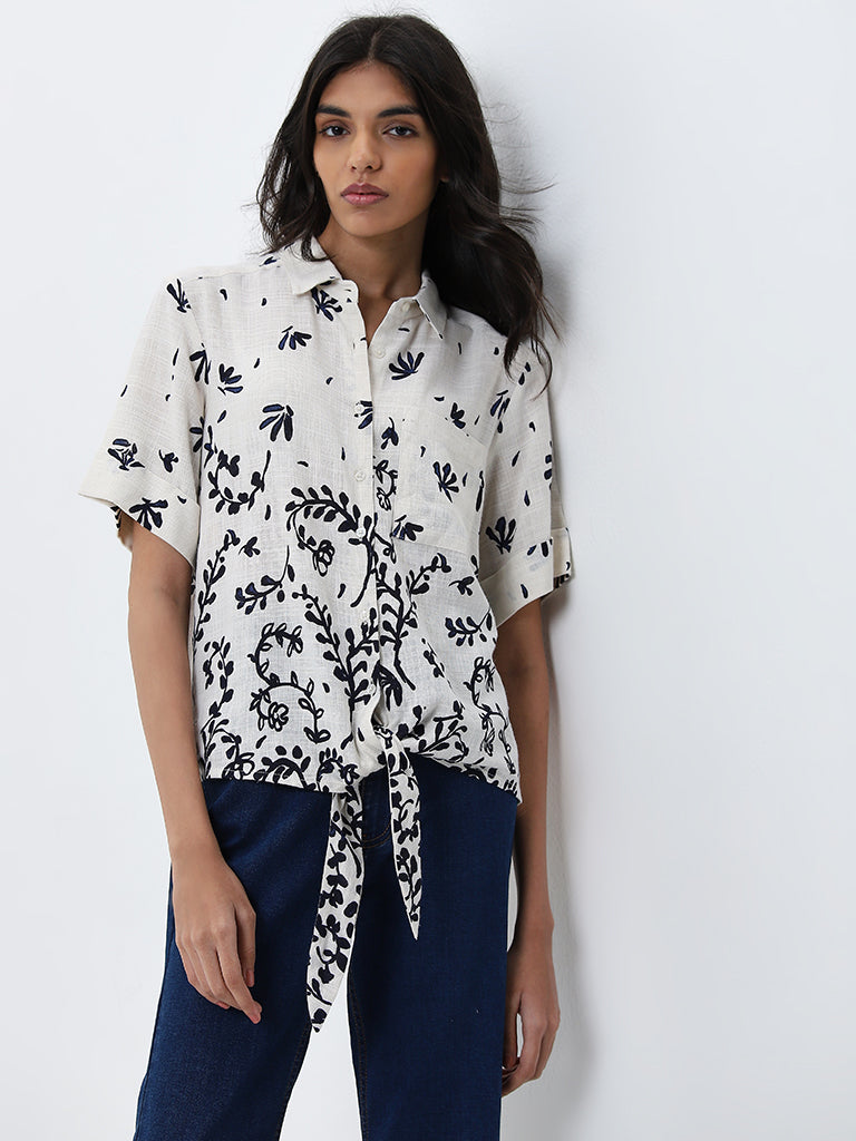 LOV Off-White Botanical Printed Shirt