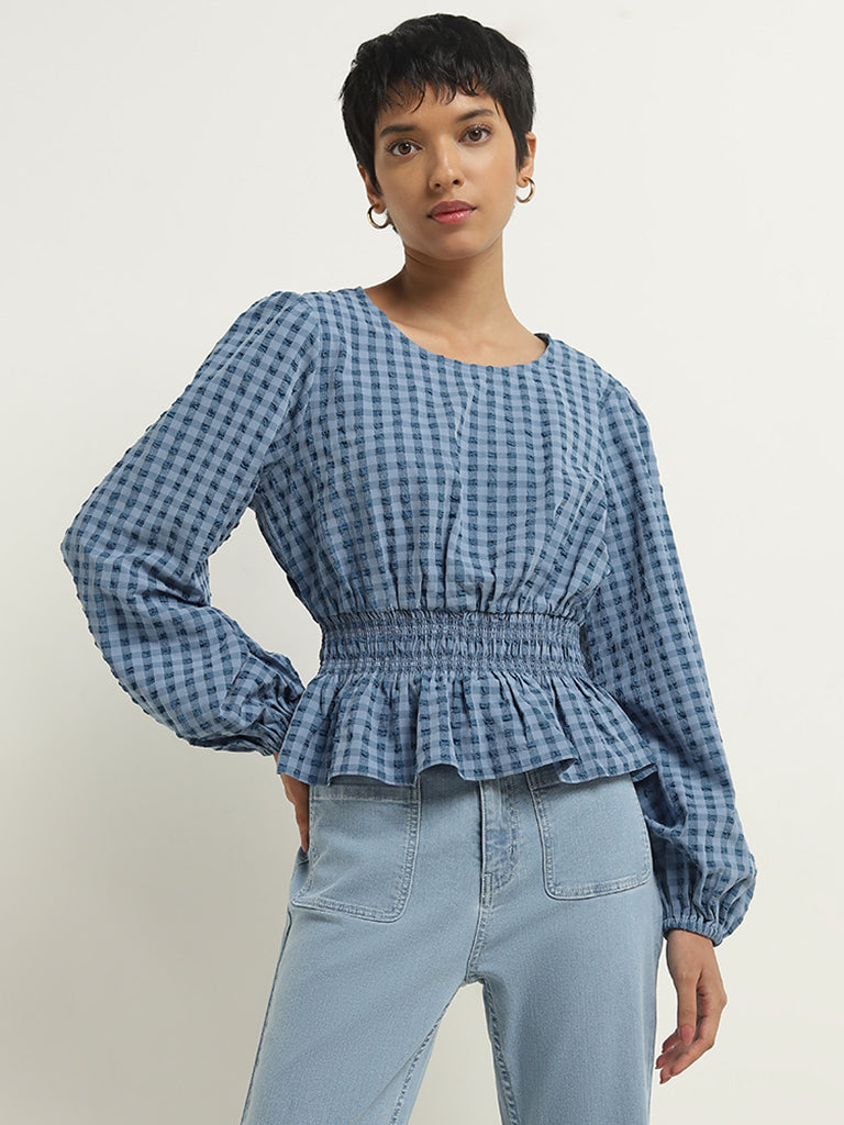 LOV Blue Gingham Checkered Peplum Top