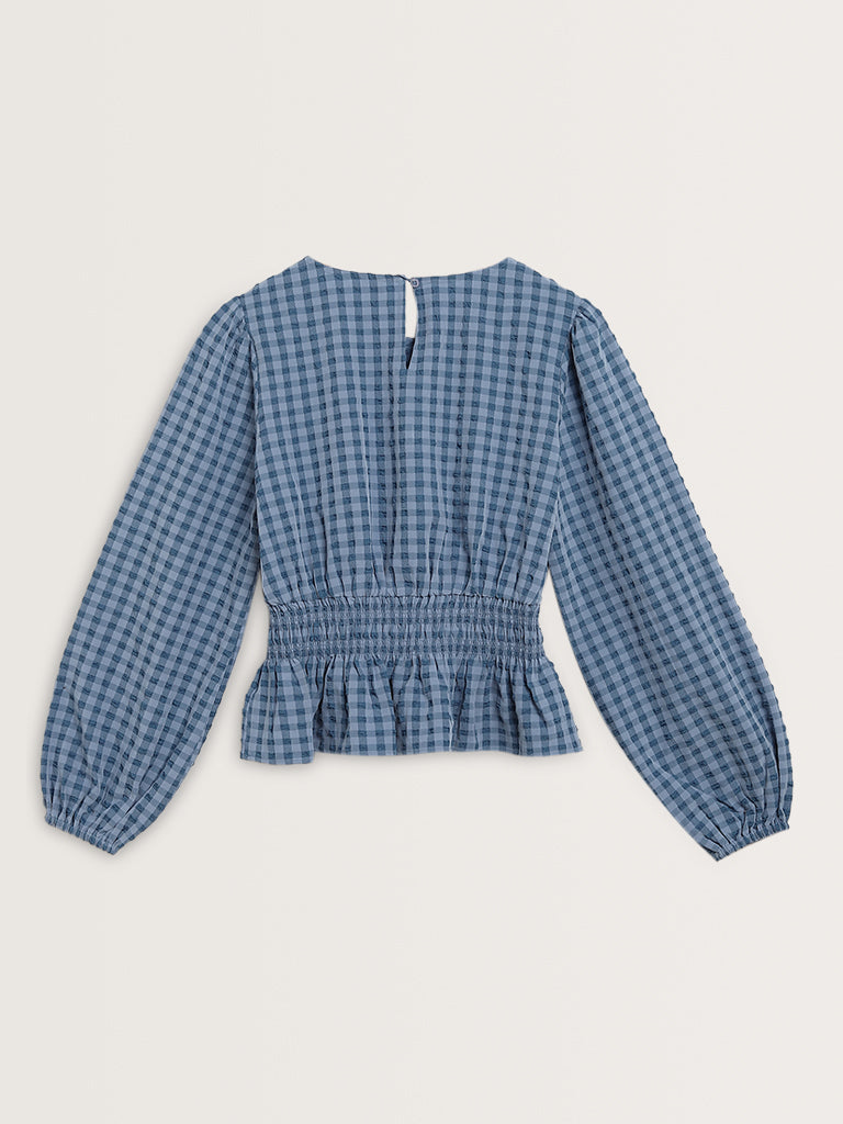 LOV Blue Gingham Checkered Peplum Top