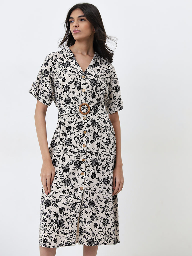 LOV Beige Floral Design Shirt Dress