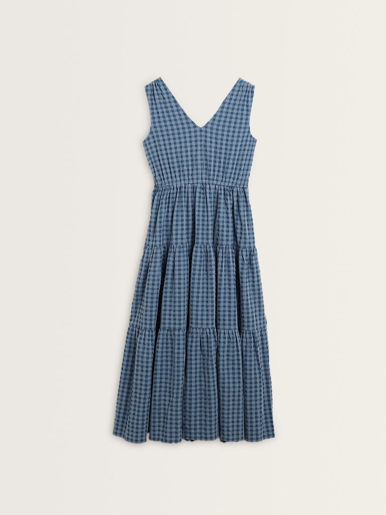 LOV Blue Gingham Checks Design Tiered Dress