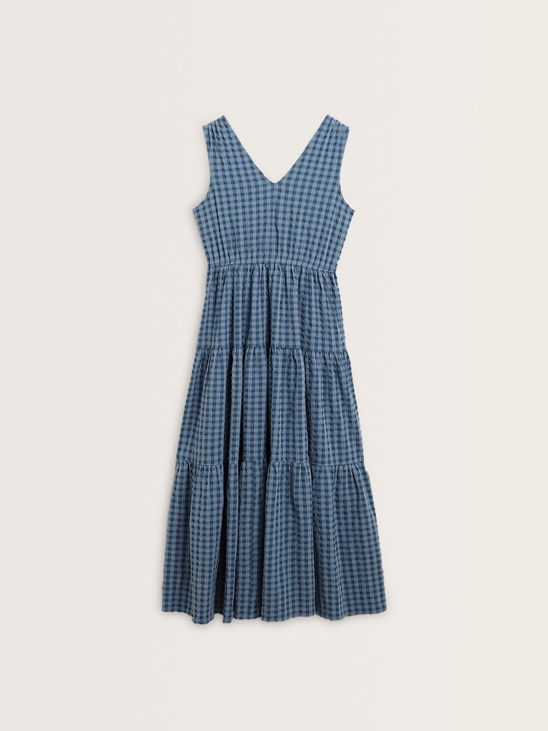 LOV Blue Gingham Checks Design Tiered Dress