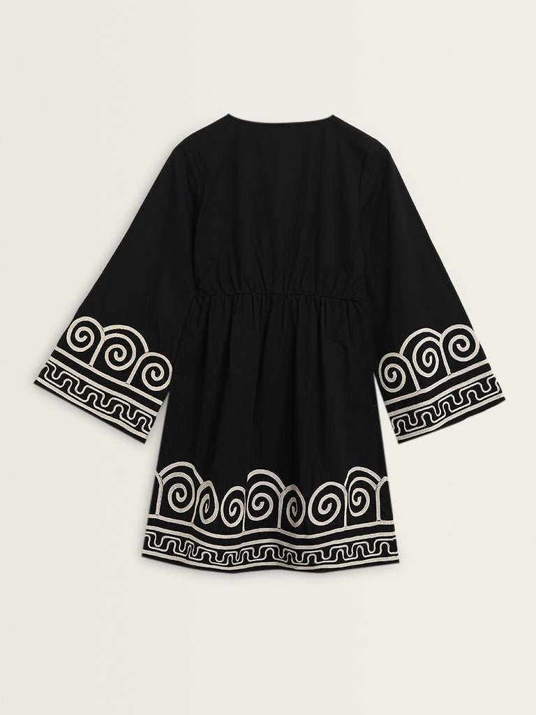 LOV Black Embroidered A-line Cotton Dress