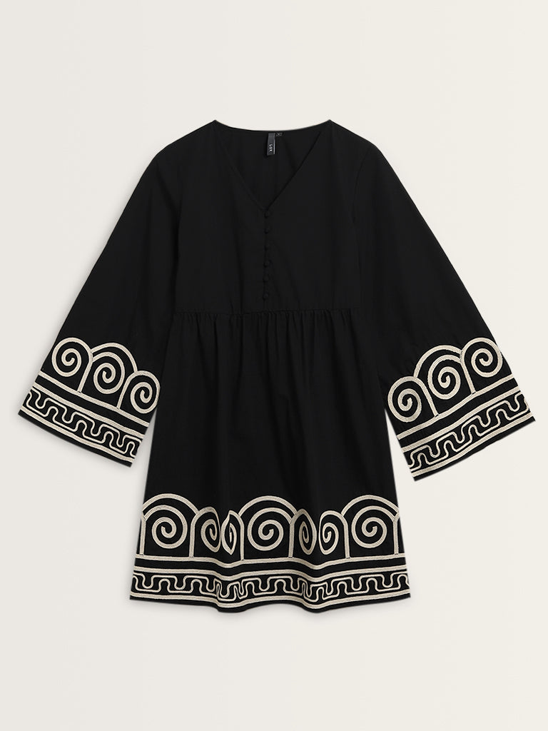 LOV Black Embroidered A-line Cotton Dress