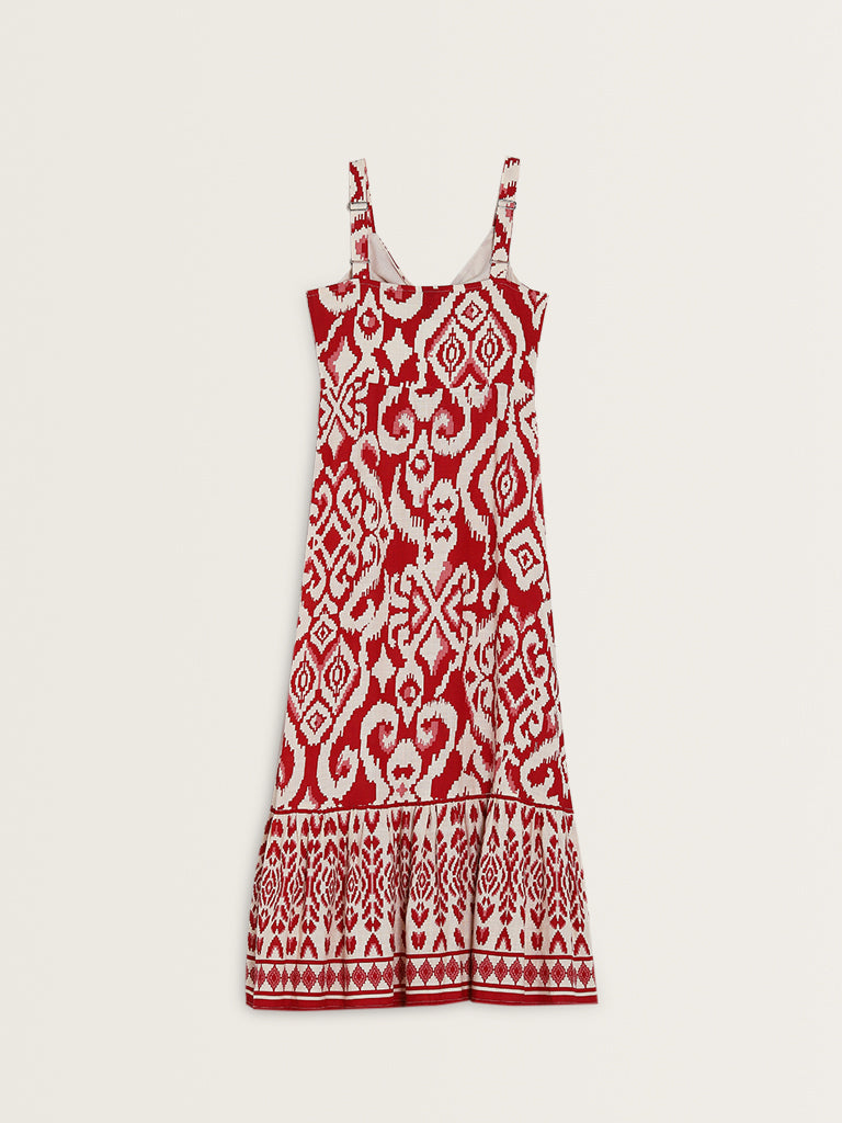 LOV Red Ikat Printed Blended Linen A-Line Dress