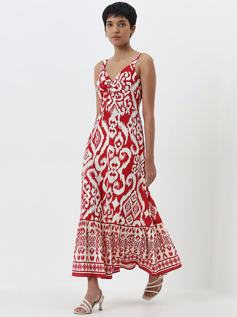 LOV Red Ikat Printed Blended Linen A-Line Dress