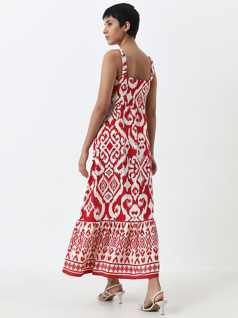 LOV Red Ikat Printed Blended Linen A-Line Dress