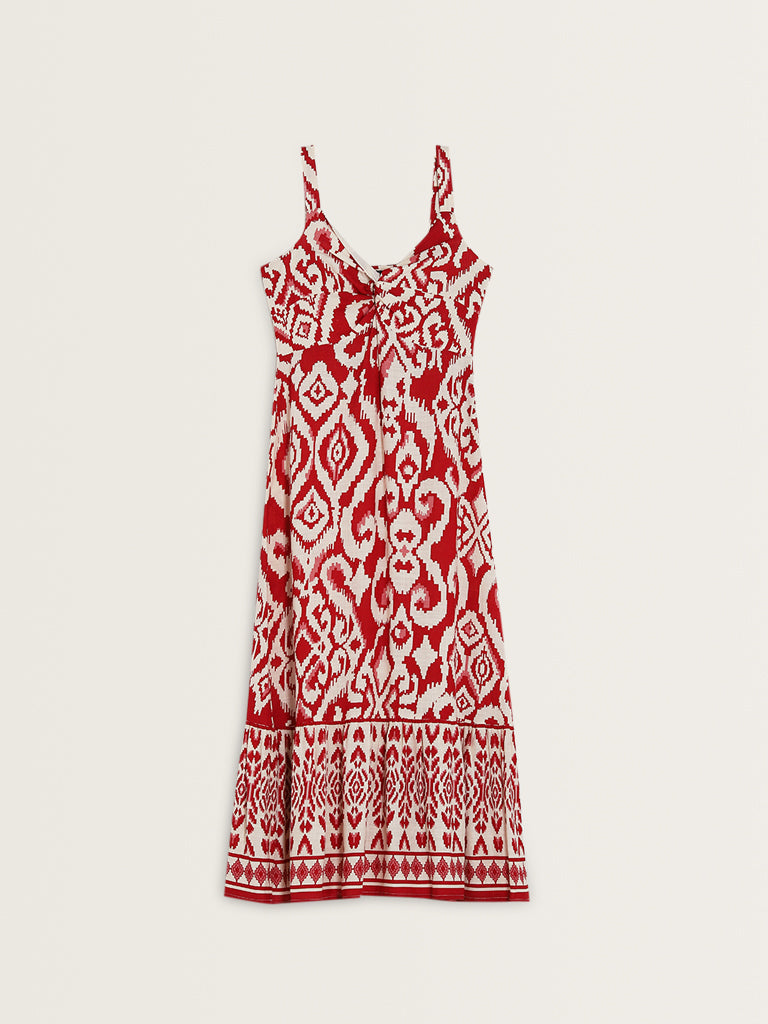 LOV Red Ikat Printed Blended Linen A-Line Dress