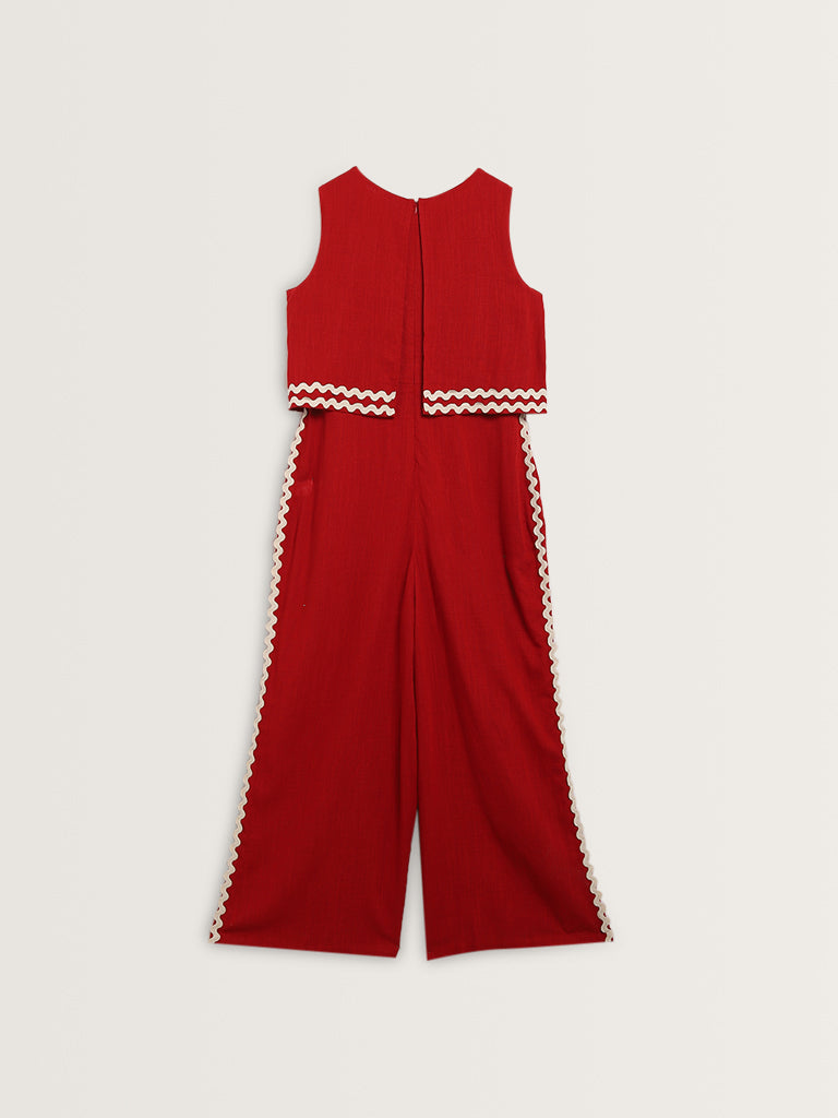 LOV Red Embroidered Blended Linen Jumpsuit