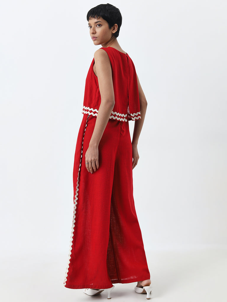 LOV Red Embroidered Blended Linen Jumpsuit