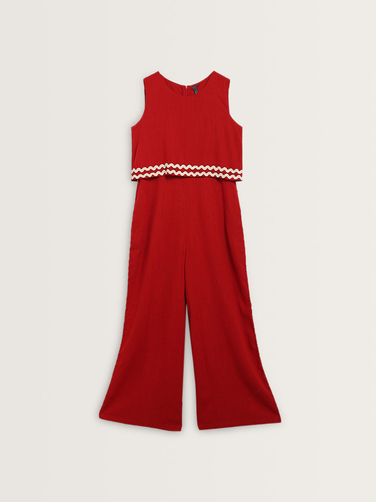 LOV Red Embroidered Blended Linen Jumpsuit