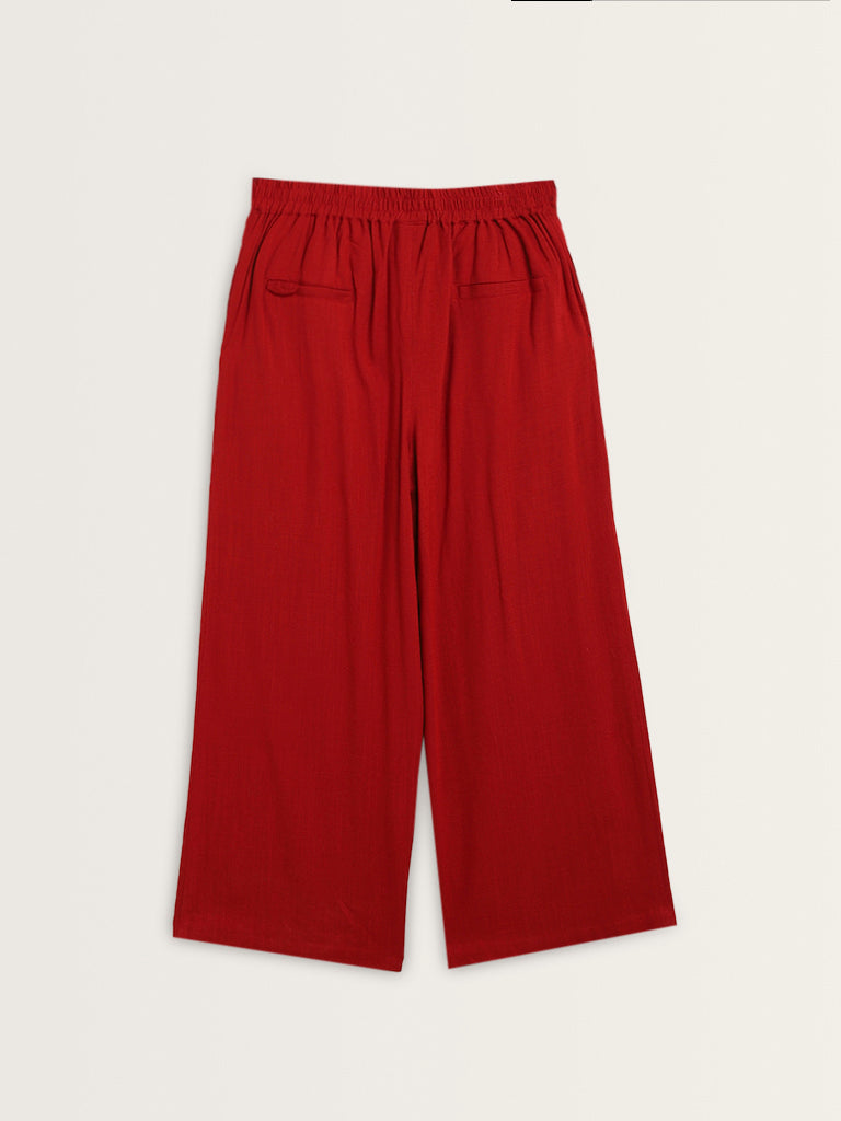 LOV Red High-Rise Blended Linen Trousers