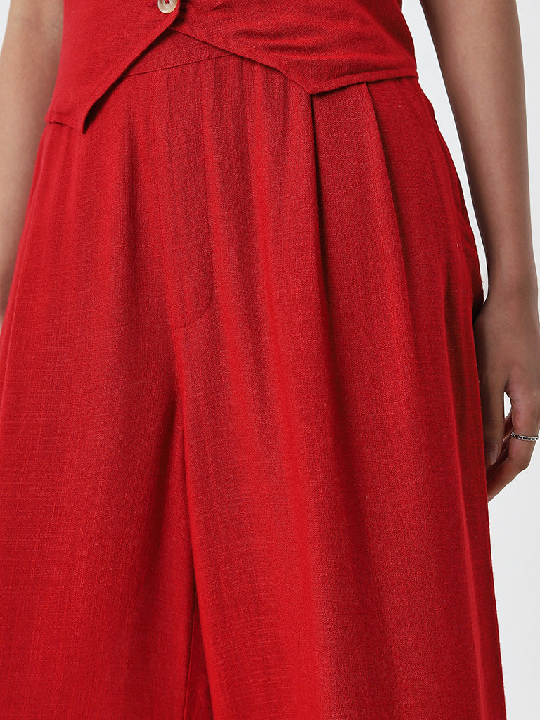 LOV Red High-Rise Blended Linen Trousers