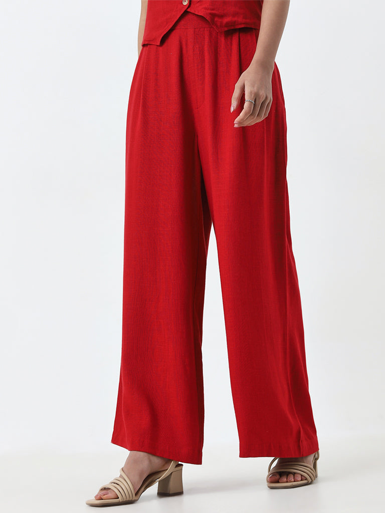 LOV Red High-Rise Blended Linen Trousers