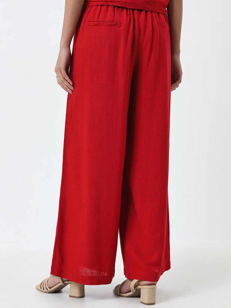 LOV Red High-Rise Blended Linen Trousers