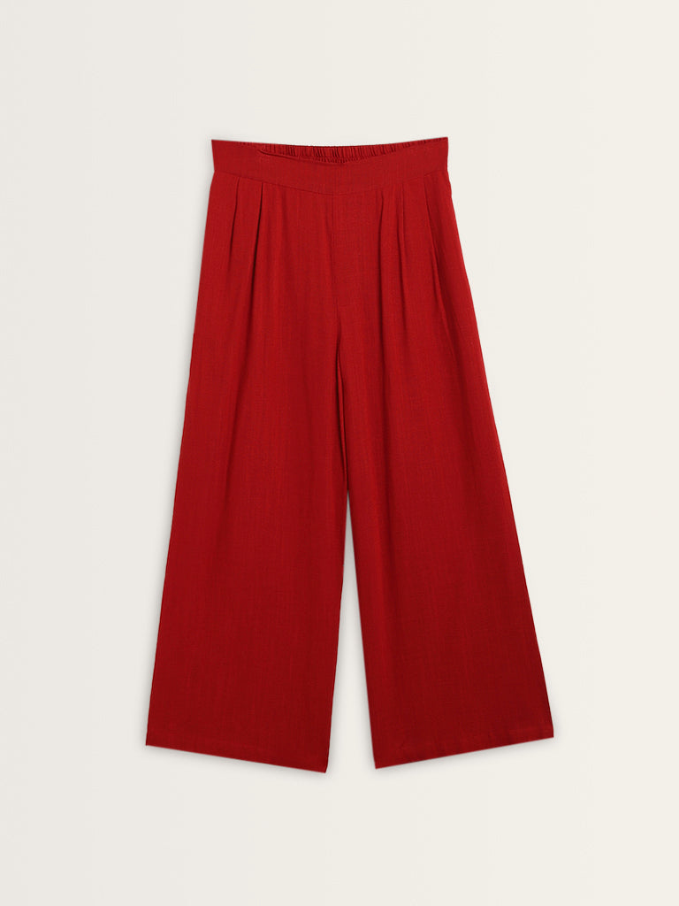 LOV Red High-Rise Blended Linen Trousers