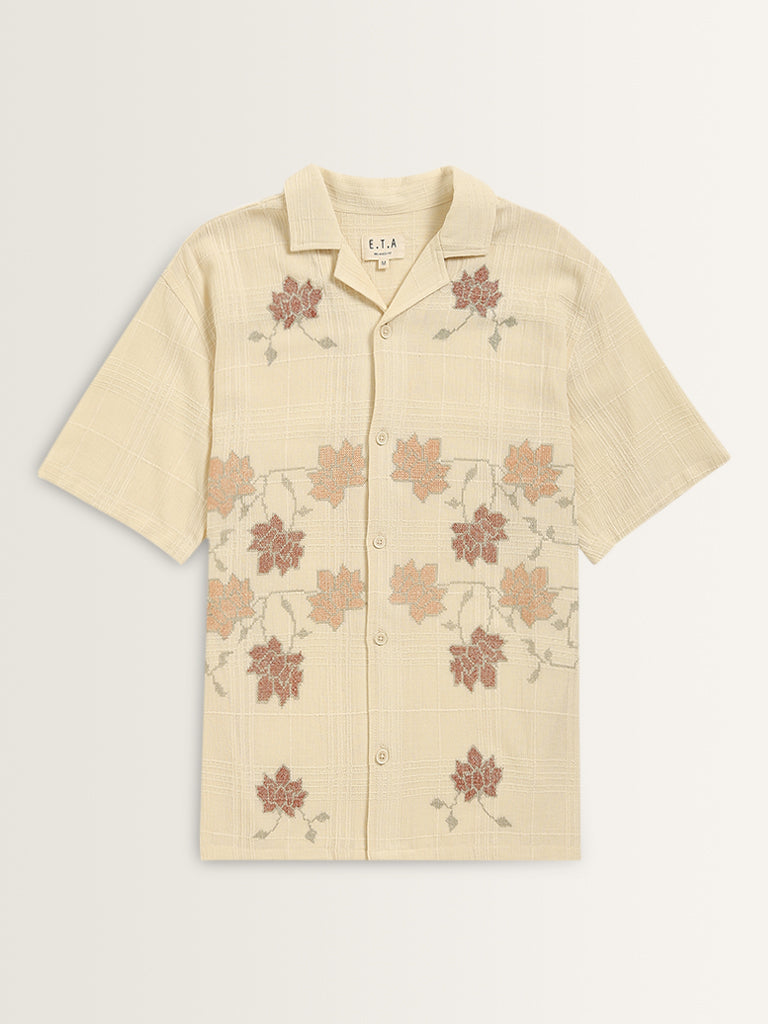 ETA Light Yellow Floral Design Relaxed-Fit Cotton Shirt