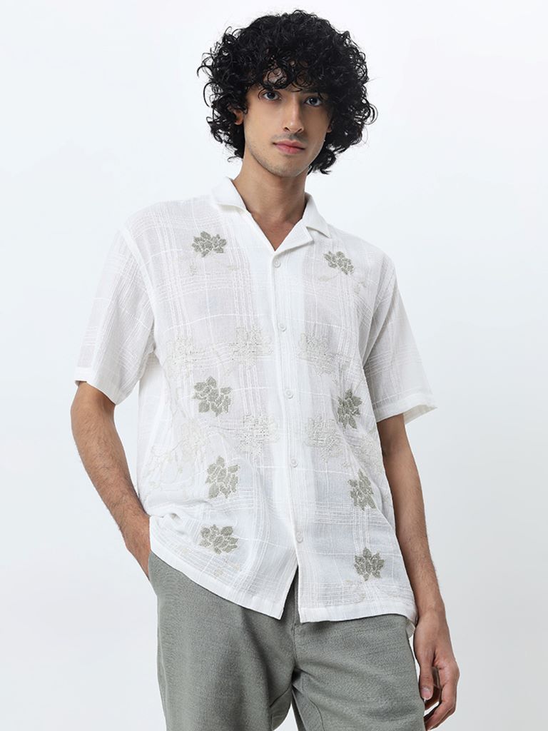 ETA White Floral Embroidered Relaxed-Fit Cotton Shirt