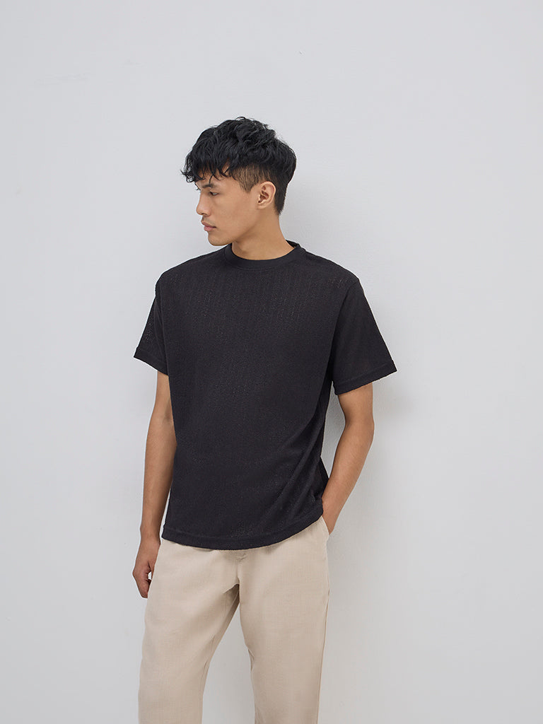 ETA Black Textured Slim-Fit T-Shirt