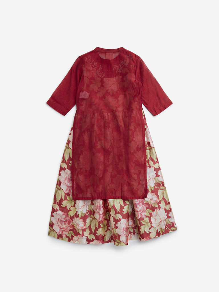 Utsa Kids Red Floral Embroidered A-Line Kurta with Inner - (2 -8yrs)