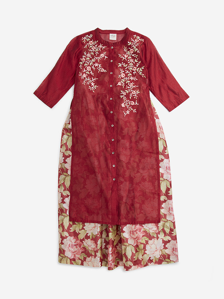 Utsa Kids Red Floral Embroidered A-Line Kurta with Inner - (8 -14yrs)