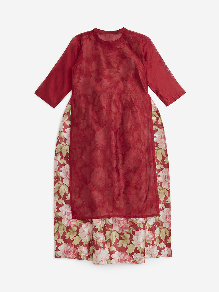 Utsa Kids Red Floral Embroidered A-Line Kurta with Inner - (8 -14yrs)