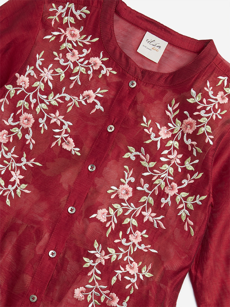 Utsa Kids Red Floral Embroidered A-Line Kurta with Inner - (8 -14yrs)