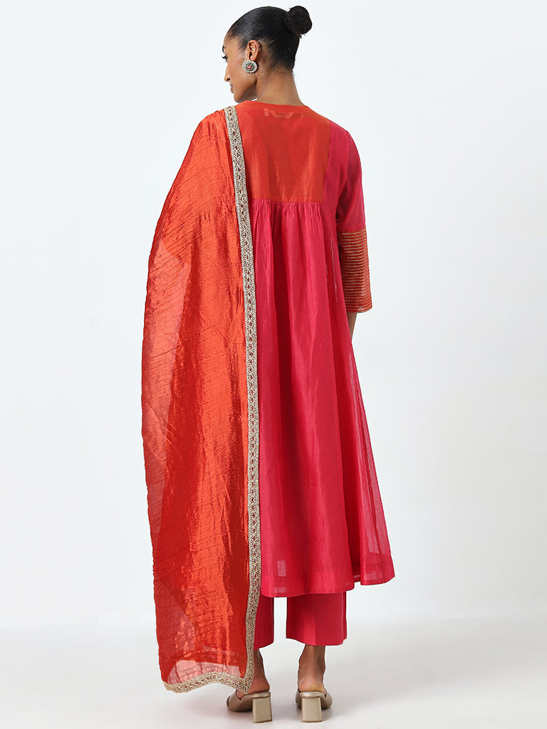 Vark Dark Pink Embroidered Kurta, Pants and Dupatta Set