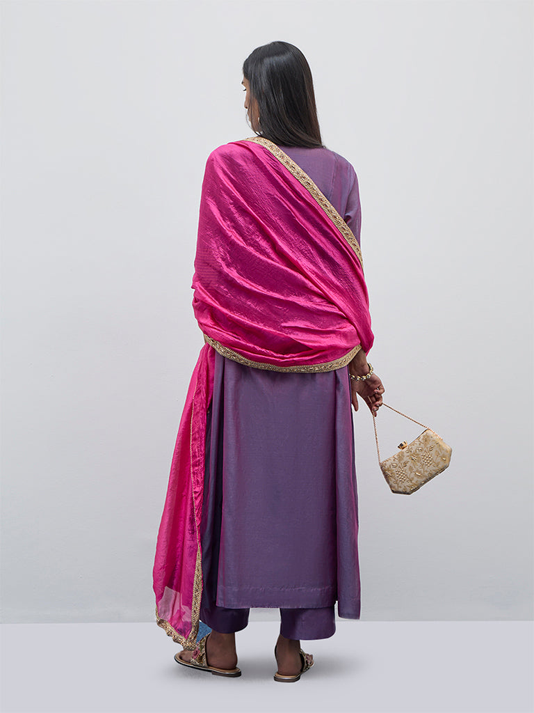 Vark Purple A-Line Kurta, Inner, Palazzos and Dupatta Set