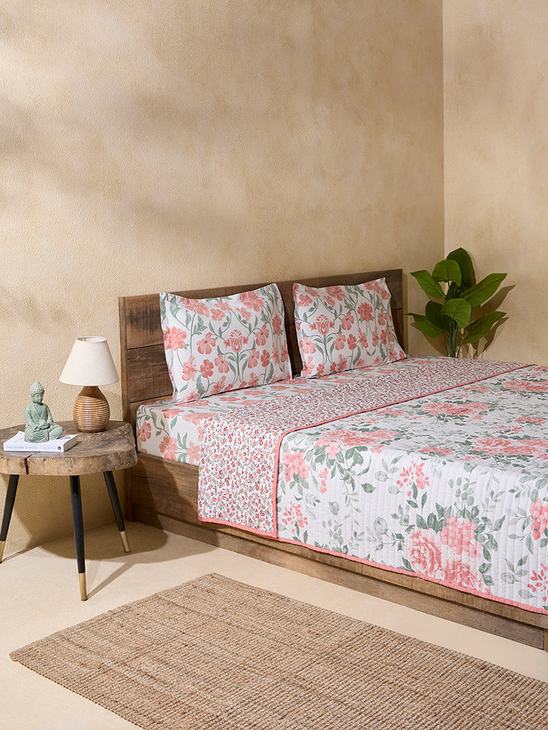 Westside Home Pink Floral Design Reversible Double Bed Quilt